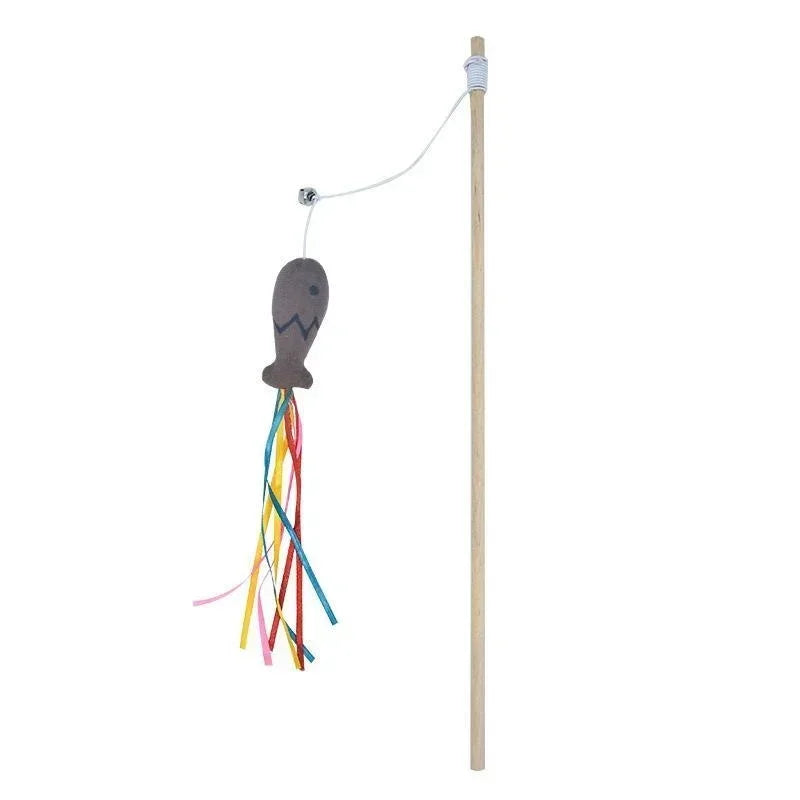 Natural Wooden Cat Teaser Wand – Interactive Elastic String Toy for Indoor Cats