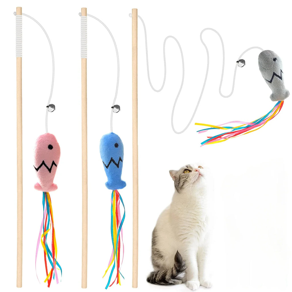 Natural Wooden Cat Teaser Wand – Interactive Elastic String Toy for Indoor Cats