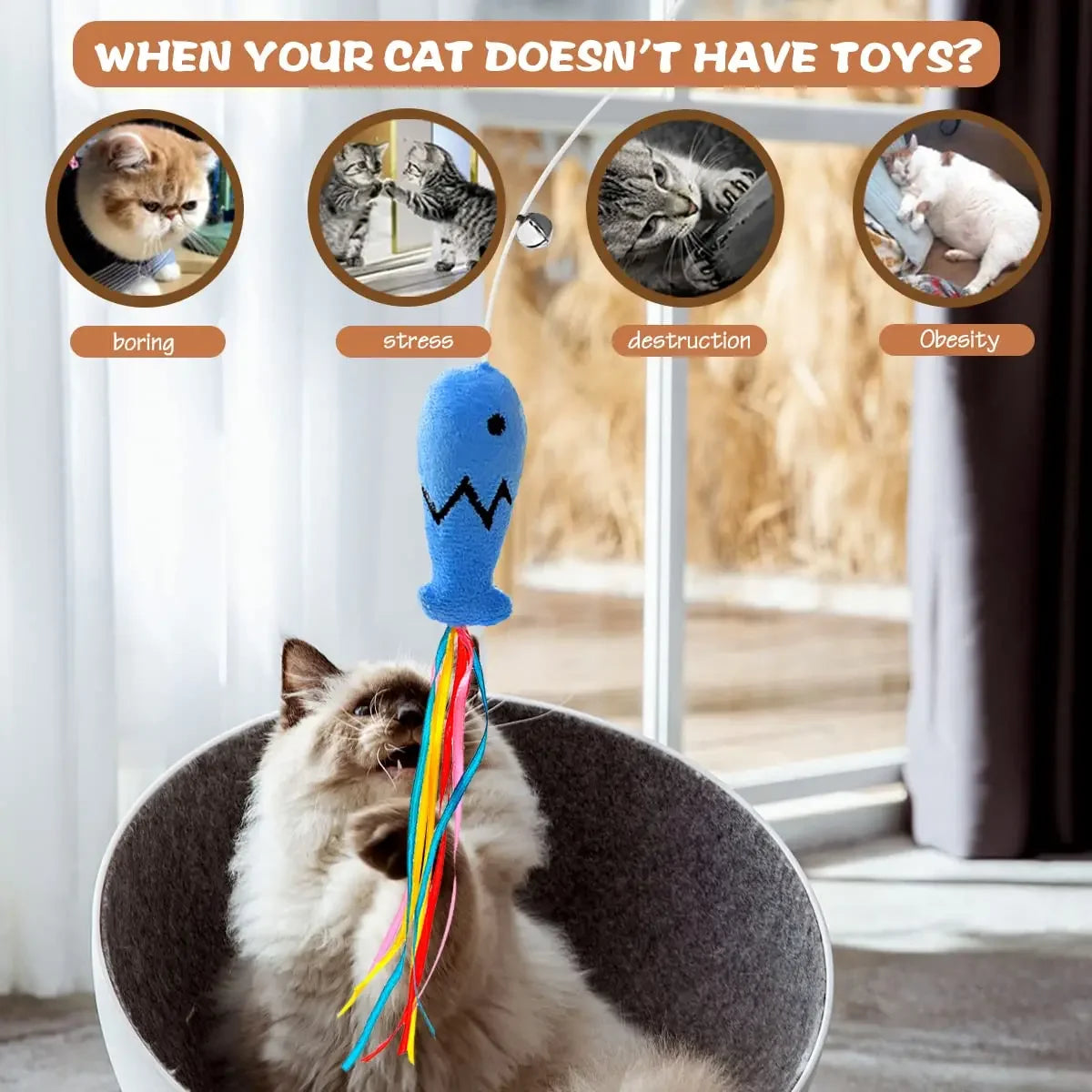 Natural Wooden Cat Teaser Wand – Interactive Elastic String Toy for Indoor Cats