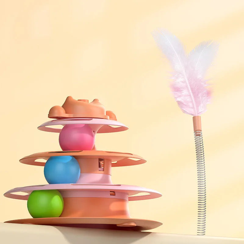 Interactive Cat Turntable Toy – Feather Wand & Rolling Ball for Indoor Cats