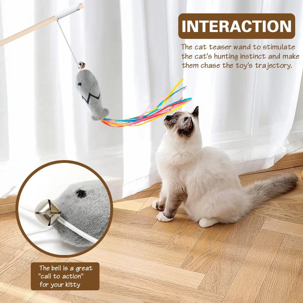 Natural Wooden Cat Teaser Wand – Interactive Elastic String Toy for Indoor Cats