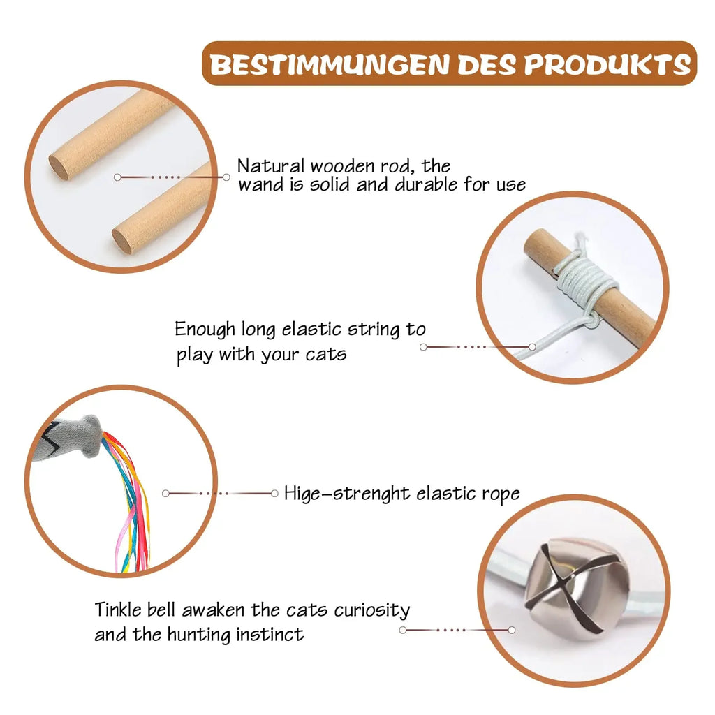 Natural Wooden Cat Teaser Wand – Interactive Elastic String Toy for Indoor Cats