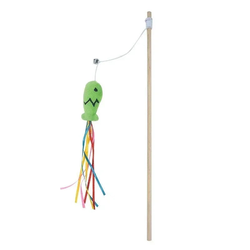 Natural Wooden Cat Teaser Wand – Interactive Elastic String Toy for Indoor Cats