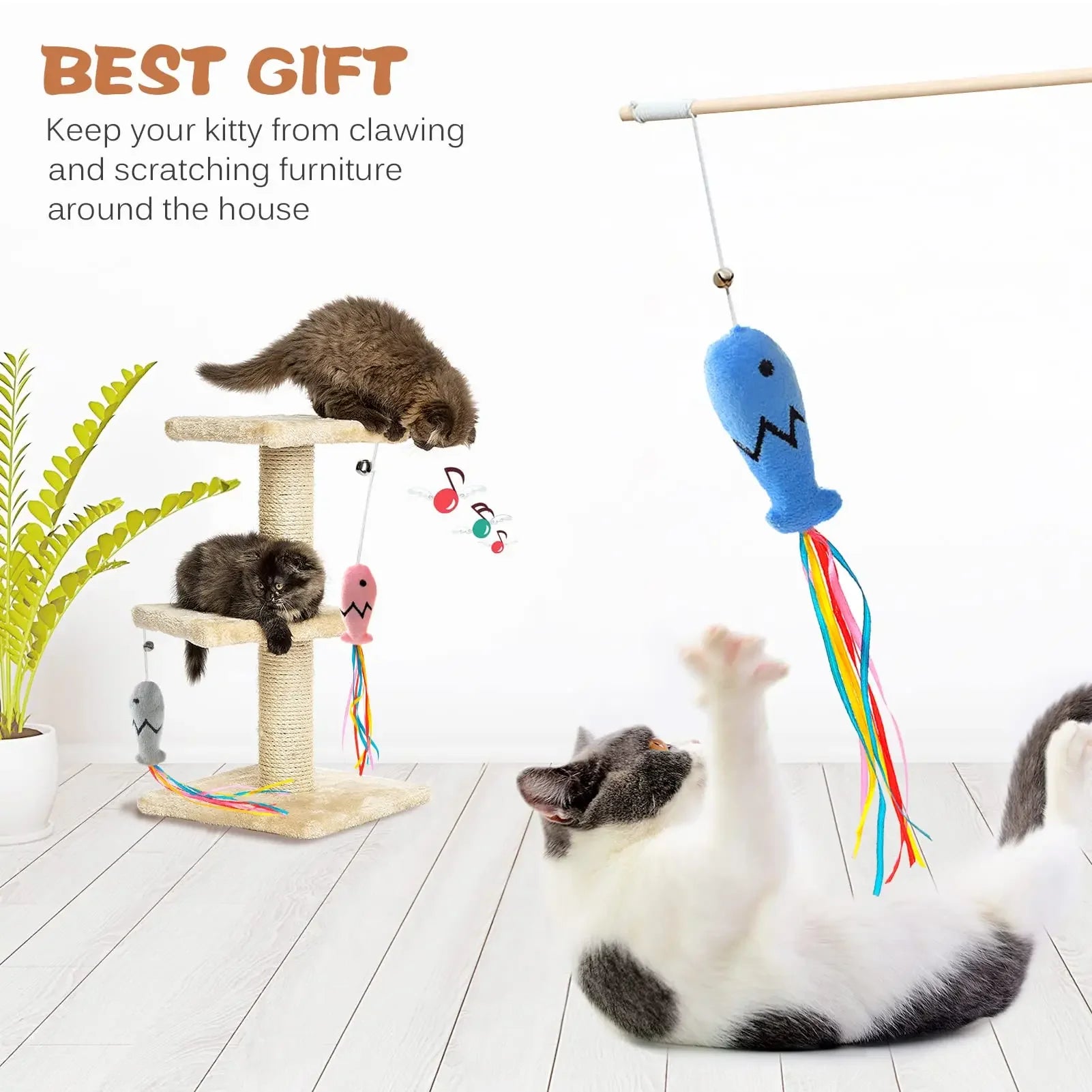 Natural Wooden Cat Teaser Wand – Interactive Elastic String Toy for Indoor Cats