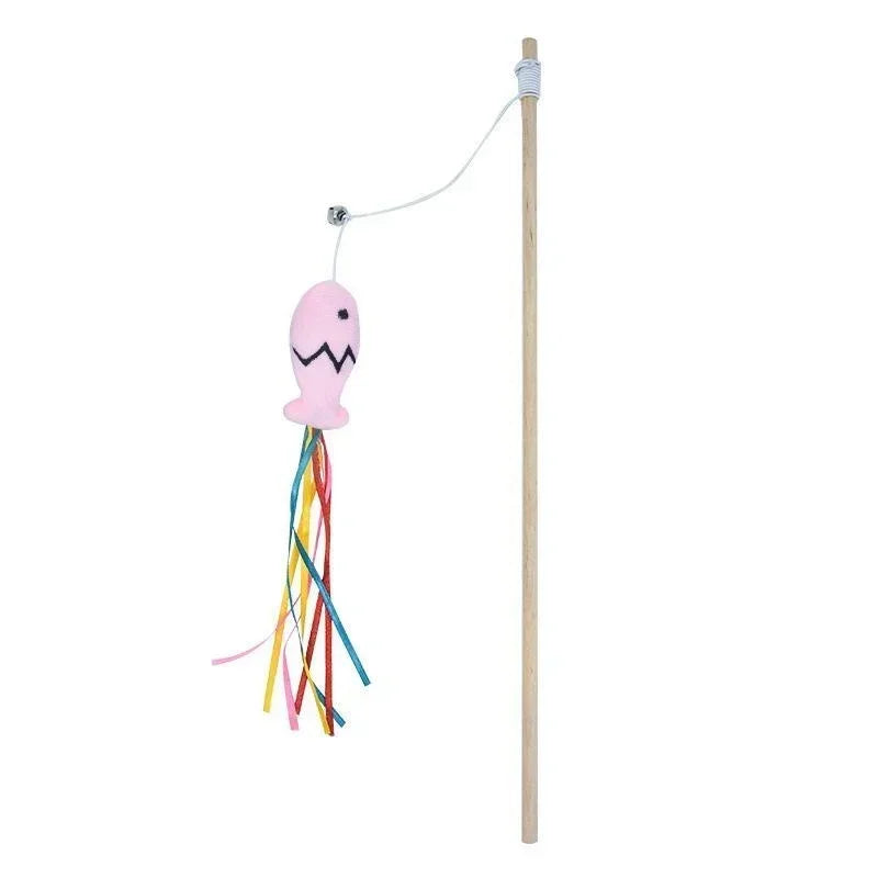 Natural Wooden Cat Teaser Wand – Interactive Elastic String Toy for Indoor Cats