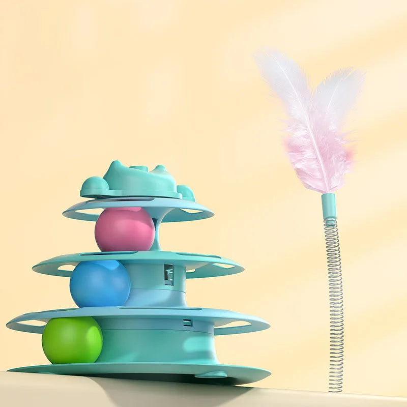 Interactive Cat Turntable Toy – Feather Wand & Rolling Ball for Indoor Cats