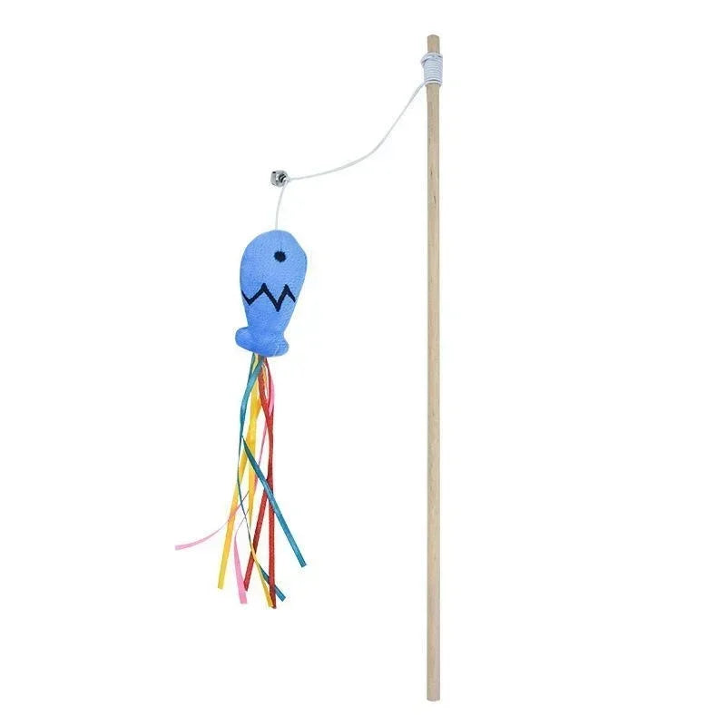 Natural Wooden Cat Teaser Wand – Interactive Elastic String Toy for Indoor Cats