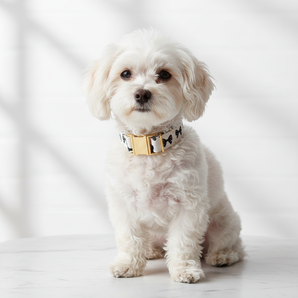 Elegant fluffy dog wearing black and white bow print fabric collar with gold buckle